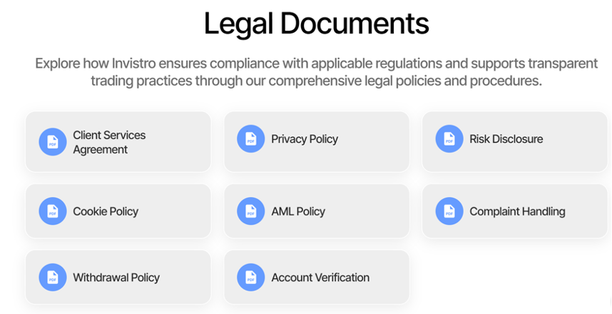 Invistro legal section listing client agreement, privacy policy, AML policy and others